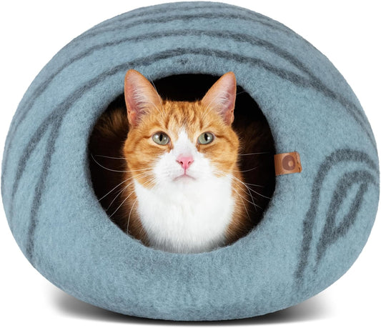 "Handmade Premium Merino Wool Cat Bed Cave in Aquamarine - A Stylish Retreat for Your Feline Companion"