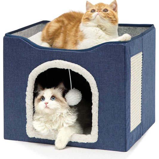 Indoor Cat Bed - Large Cat Cave with Hanging Fluffy Ball and Scratch Pad, Foldable Pet Hideaway in Blue